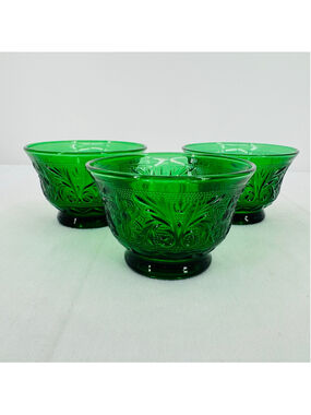 Anchor Hocking Set of 3 Custard Cups Sandwich Pattern Vtg Green Depression Glass